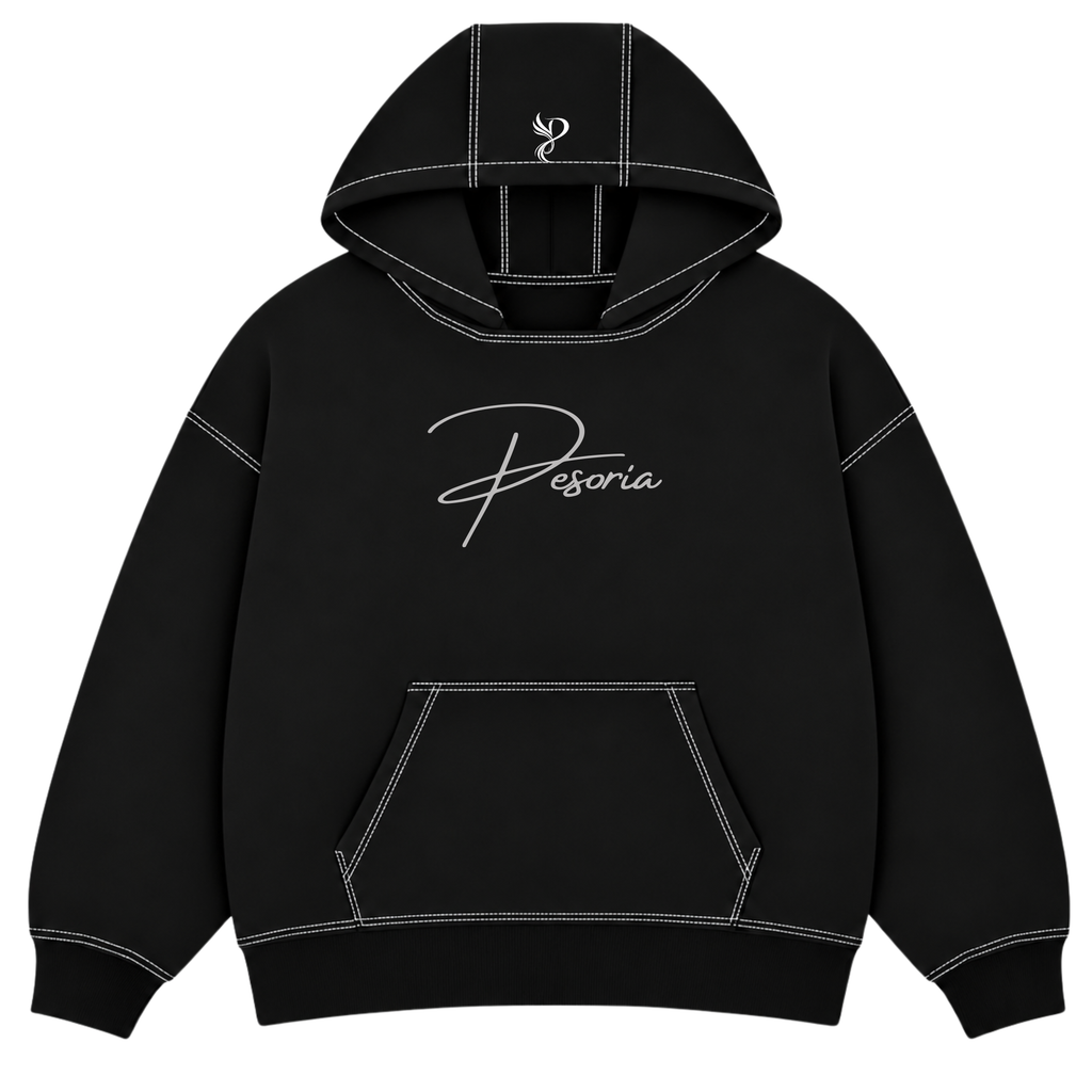Pesoria Hoodie — Black embroidered front view