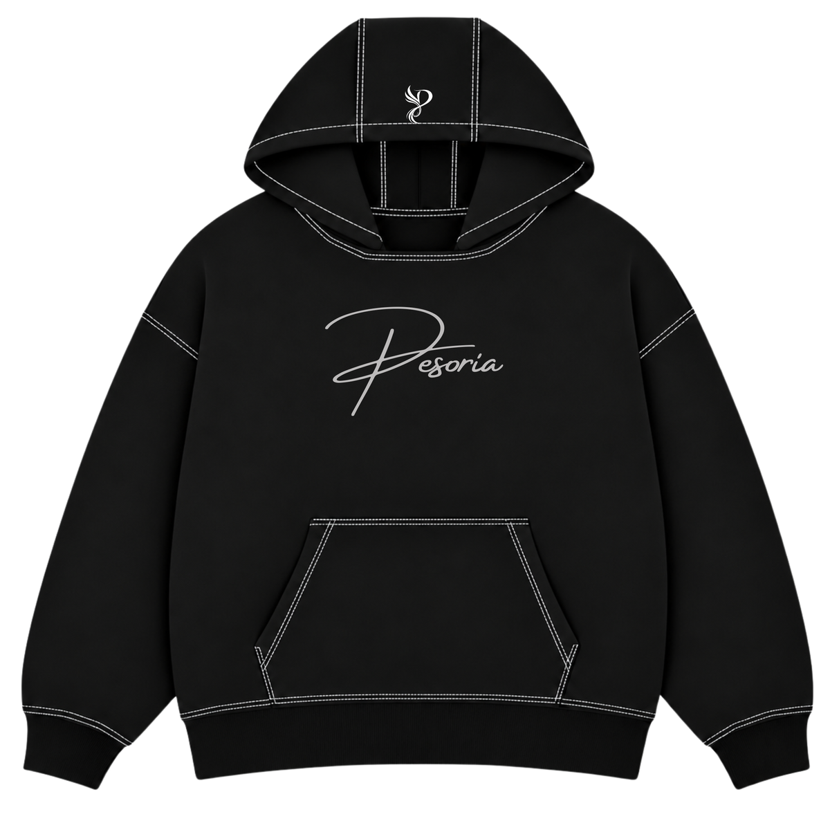Pesoria Hoodie — Black embroidered front view