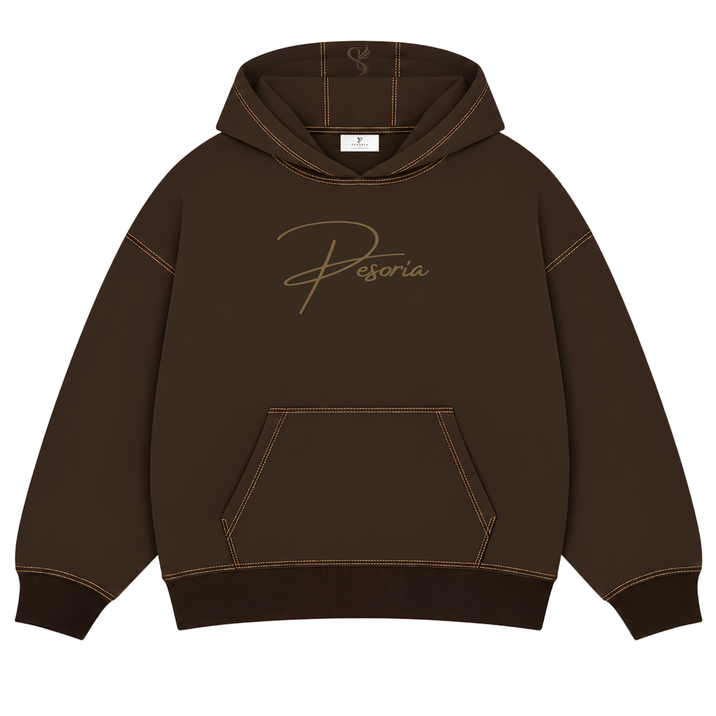 Pesoria Hoodie — Brown embroidered front view