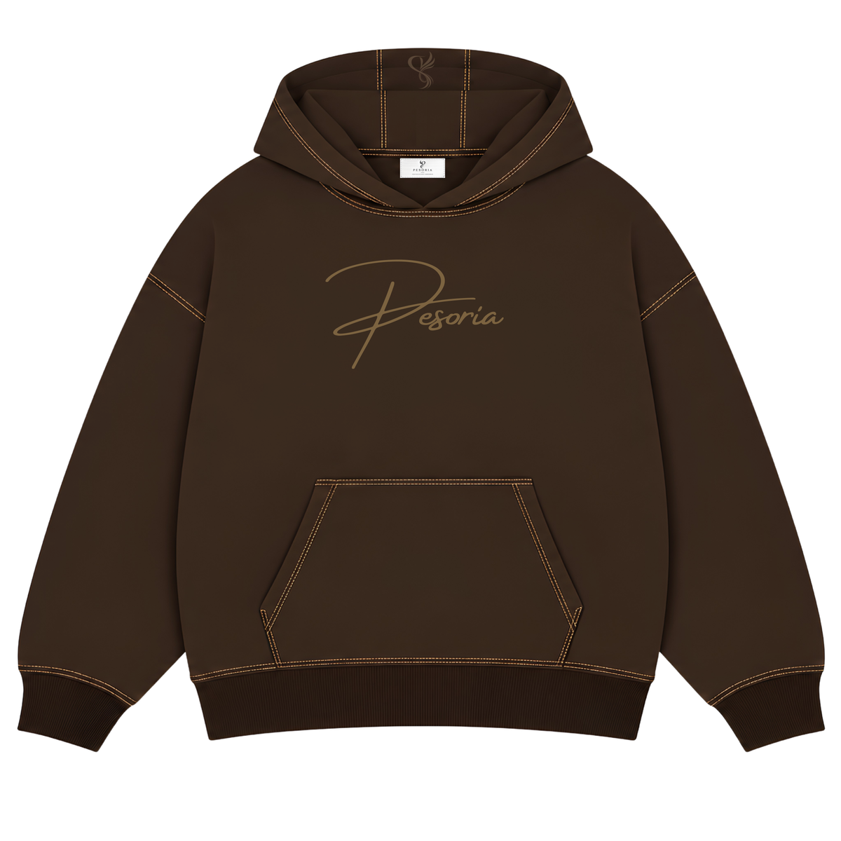 Pesoria Hoodie — Brown embroidered front view